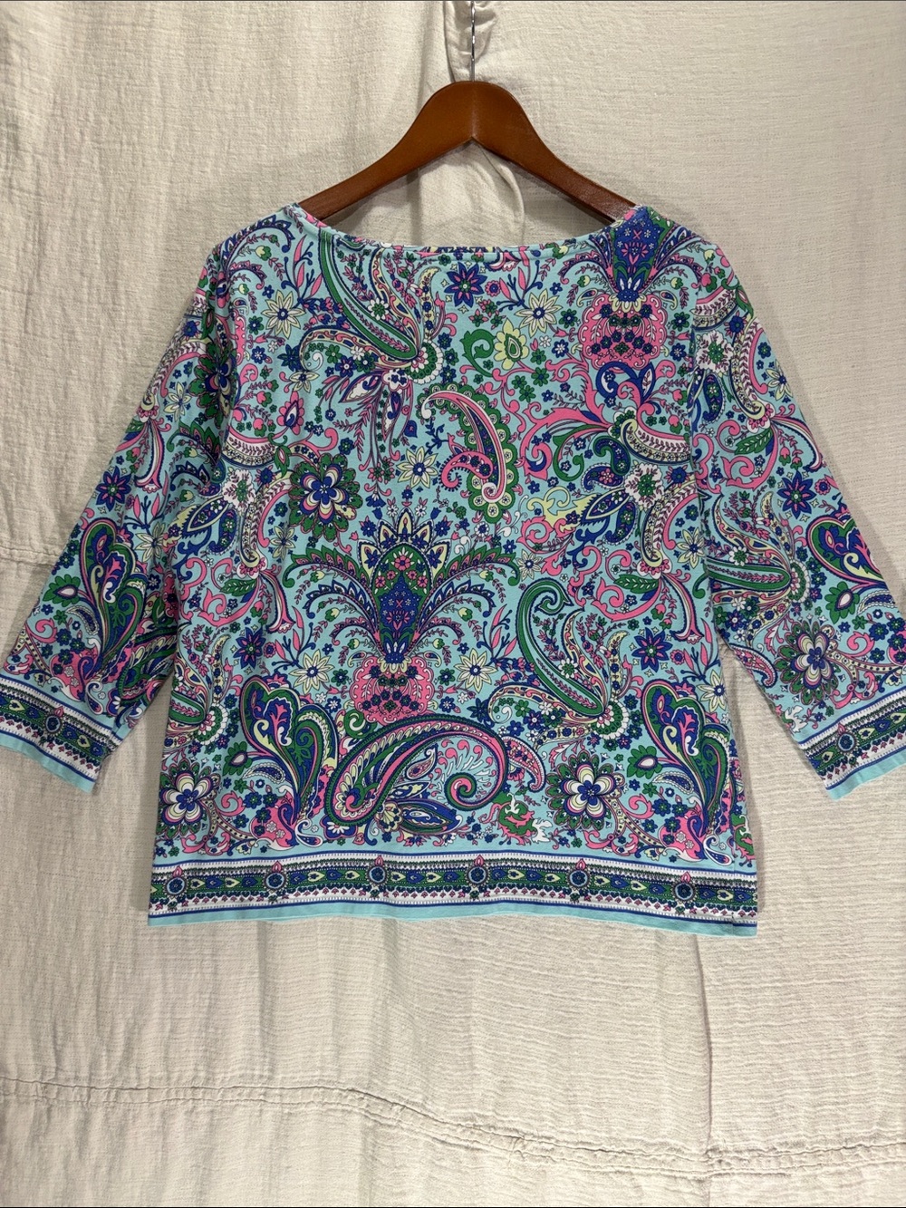 Talbots Pima Cotton Bateau Neck Sprouting Paisley Tee Blue Floral XLP - Picture 7 of 8